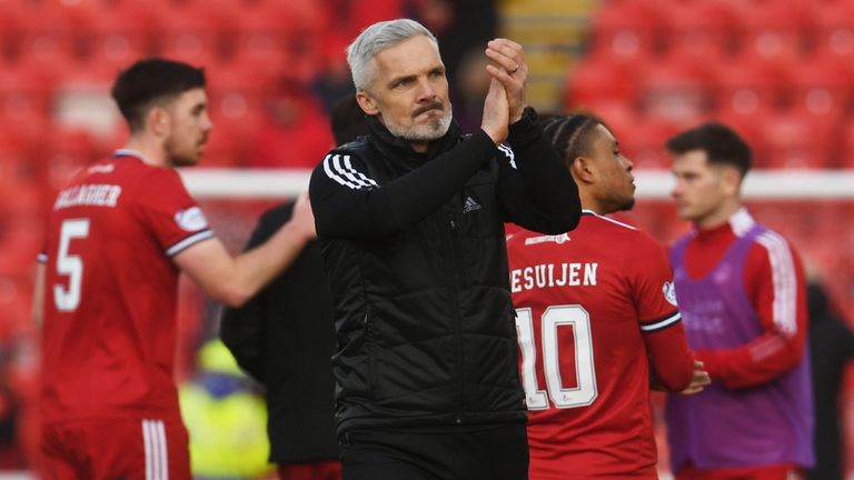 ABERDEEN, SCOTLAND - FEBRUARY 26: Aberdeen Manager Jim Goodwin at Full Time during a Cinch Premiership match between Aberdeen and Dundee United at Pittodrie Stadium, on February 26, in Aberdeen, Scotland.  (Photo by Craig Foy / SNS Group)