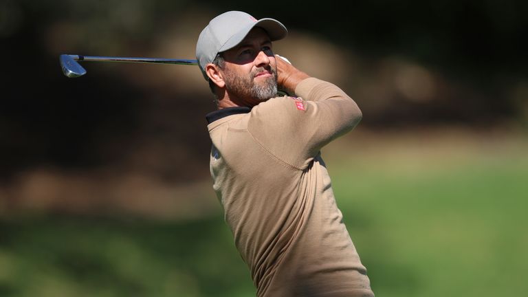 Adam Scott, of Australia, tees off on the sixth hole during the second round of the Genesis Invitational golf tournament at Riviera Country Club