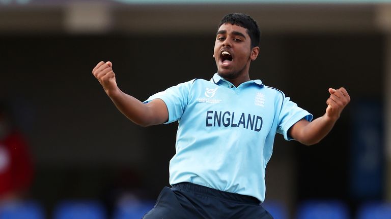 Rehan Ahmed of England celebrates the wicket of Bilal Sami of Afghanistan during the ICC U19 Men&#39;s Cricket World Cup Super League Semi Final 1 match between England and Afghanistan at Sir Vivian Richards Stadium on February 01, 2022 in Antigua, Antigua and Barbuda.
