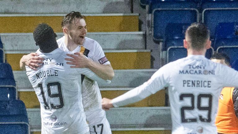 DINGWALL, SCOTLAND - FEBRUARY 09: Livingston&#39;s Alan Forrest makes it 1-0 during a cinch Premiership match between Ross County and Livingston at the Global Energy Stadium, on February 09, 2022, in Dingwall, Scotland. (Photo by Ross Parker / SNS Group)