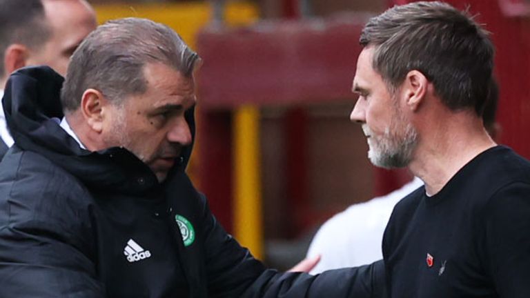 MOTHERWELL, SCOTLAND - OCTOBER 16: Celtic Manager Ange Postecoglou and Graham Alexander shake hands pre-match during a cinch Premiership match between Motherwell and Celtic at Fir Park, on October 16, 2021, in Motherwell, Scotland. (Photo by Craig Williamson / SNS Group)