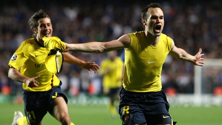 Andres Iniesta celebrates scoring for Barcelona against Chelsea in the 2009 Champions League semi-final as Bojan Krkic chases him