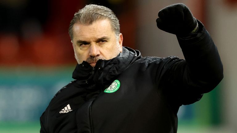 Celtic manager Ange Postecoglou celebrates at full time during a cinch Premiership match between Aberdeen and Celtic 