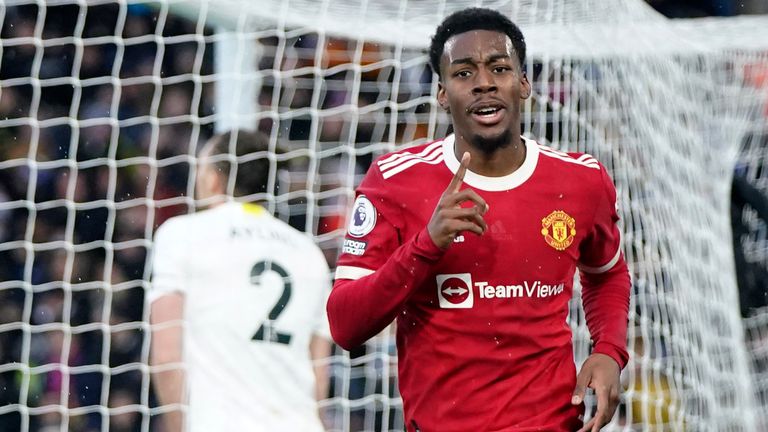 Manchester United's Anthony Elanga celebrates after scoring his side's fourth goal (AP)