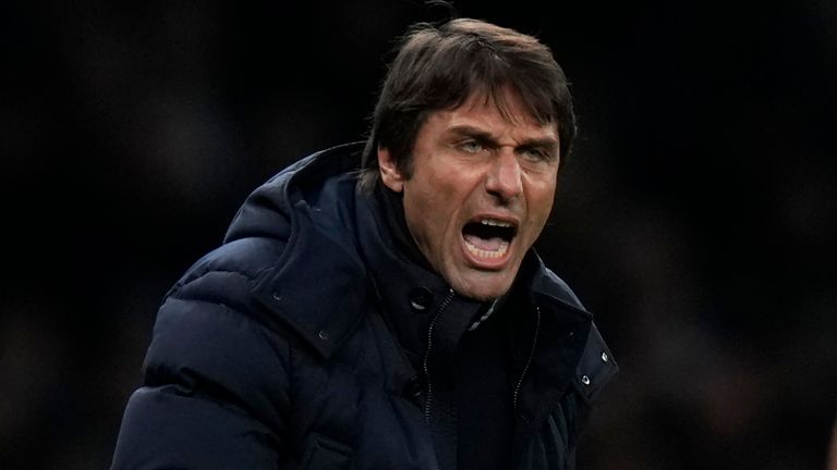 Tottenham's head coach Antonio Conte gives instructions to his players during the English Premier League soccer match between Tottenham Hotspur and Southampton at the Tottenham Hotspur Stadium in London, Wednesday, Feb. 9, 2022.