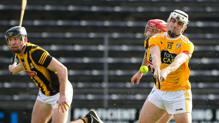 6 February 2022; Sean Elliott of Antrim scores the first goal of the game against Kilkenny during the Allianz Hurling League Division 1 Group B match between Kilkenny and Antrim at UMPC Nowlan Park in Kilkenny. Photo by Matt Browne/Sportsfile