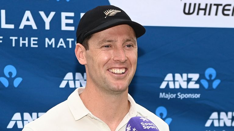 Player of the match Matt Henry of New Zealand on day three of the first cricket test between South Africa and New Zealand at Hagely Oval in Christchurch, New Zealand, Saturday 19th February 2022. (Andrew Cornaga/Photosport via AP)