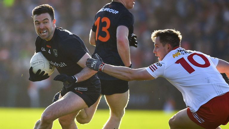 6 February 2022; Aidan Forker of Armagh in action against Kieran McGeary of Tyrone  during the Allianz Football League Division 1 match between Armagh and Tyrone at the Athletic Grounds in Armagh. Photo by Brendan Moran/Sportsfile