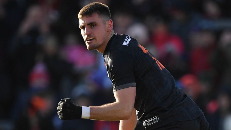 Greg McCabe celebrates after scoring Armagh's first goal against Tyrone