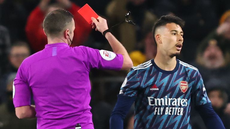 Gabriel Martinelli is shown a red card during Arsenal's win over Wolves