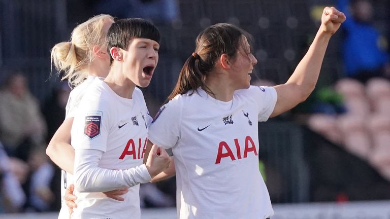 Tottenham Hotspur's Ashleigh Neville (centre) celebrates with teammates after scoring their side's second goal of the game