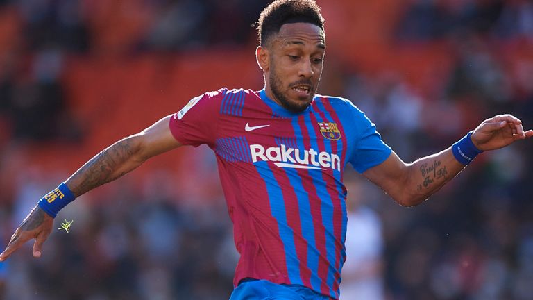 VALENCIA, SPAIN - FEBRUARY 20: Pierre-Emerick Aubameyang of FC Barcelona in action during the La Liga Santander match between Valencia CF and FC Barcelona at Estadio Mestalla on February 20, 2022 in Valencia, Spain.