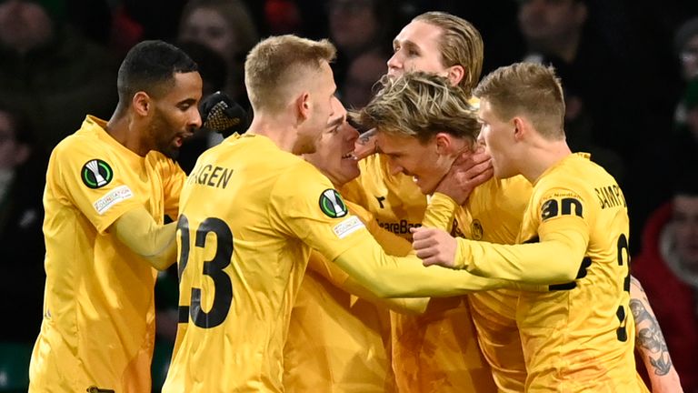 Bodo/Glimt's Runar Espejord celebrates with team-mates after scoring against Celtic