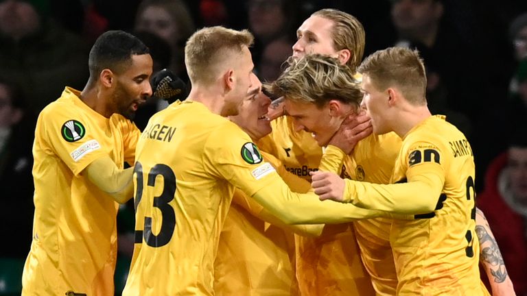 Bodo/Glimt&#39;s Runar Espejord celebrates with team-mates after scoring against Celtic