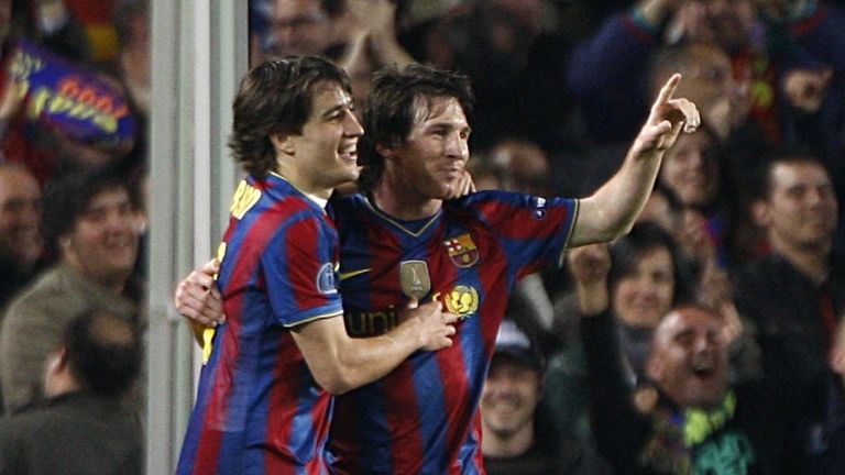 Bojan Krkic and Lionel Messi of Barcelona celebrate in 2010