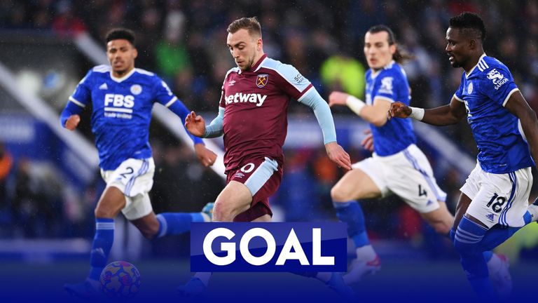 Jarrod Bowen scores West Ham's opener against Leicester