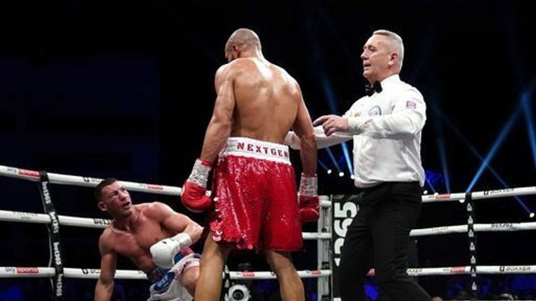 Chris Eubank Jr (right) knocks down Liam Williams in the eleventh round of the middleweight contest at the Motorpoint Arena Cardiff. 