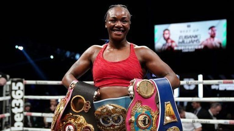 Claressa Shields celebrates victory against Ema Kozin (not pictured) in the WBC/WBA/IBF World Middleweight Titles at the Motorpoint Arena Cardiff. 