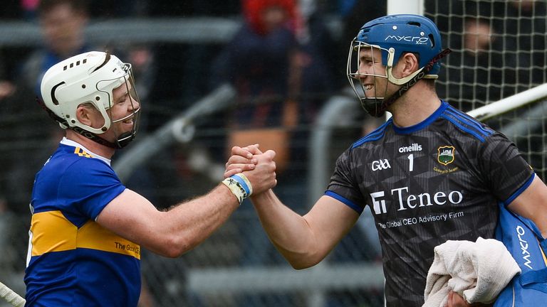 2 June 2019; Padraic Maher, left, and Brian Hogan of Tipperary celebrate after the Munster GAA Hurling Senior Championship Round 3 match between Clare and Tipperary at Cusack Park in Ennis, Co. Clare. Photo by Diarmuid Greene/Sportsfile