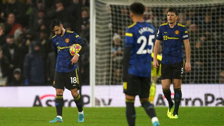 Manchester United&#39;s Bruno Fernandes (left) and Harry Maguire (right) appear dejected after they concede at Turf Moor