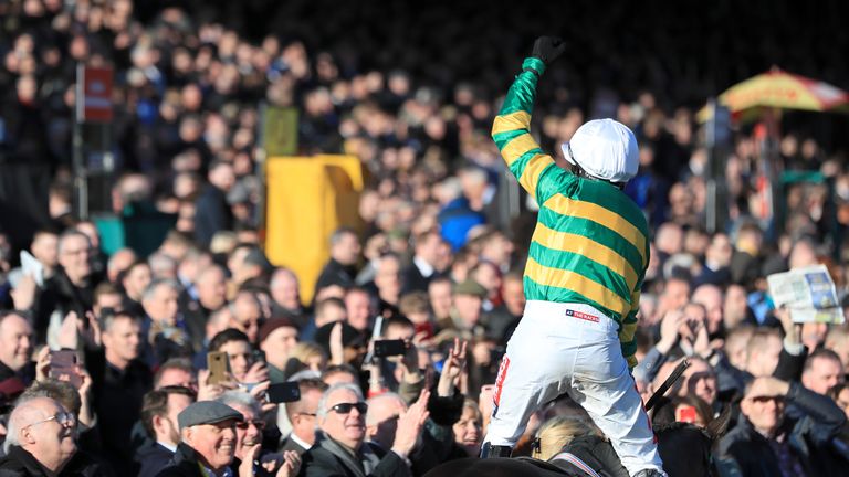 Barry Geraghty celebrates winning the 2018 Champion Hurdle on Buveur D'Air