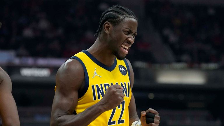 Indiana Pacers guard Caris LeVert celebrates a basket during a 42-point outing against the Chicago Bulls, in what proved to be his final game for the Pacers