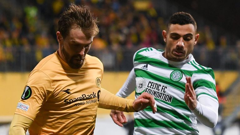 Celtic's Giorgos Giakoumakis tries to tackle Bodo/Glimt's Brede Moe