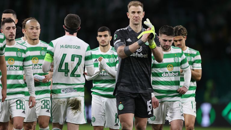 GLASGOW, SCOTLAND - FEBRUARY 17: Celtic's Joe Hart at full time during a UEFA Conference League Last 32 first leg match between Celtic and Bodo/Glimt at Celtic Park, on February 17, 2022, in Glasgow, Scotland. (Photo by Craig Williamson / SNS Group)