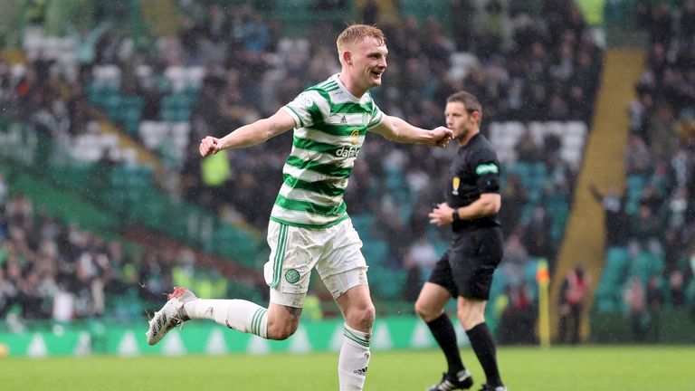 Liam Scales celebrates after opening the scoring in Celtic's victory over Raith