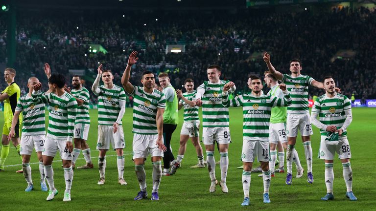 GLASGOW, SCOTLAND - FEBRUARY 02: Celtic players at full time during a cinch Premiership match between Celtic and Rangers at Celtic Park, on February 02, 2022, in Glasgow, Scotland. (Photo by Alan Harvey / SNS Group)
