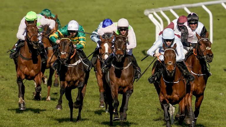 Honeysuckle leads the Champion Hurdle field as they turn for home at Cheltenham