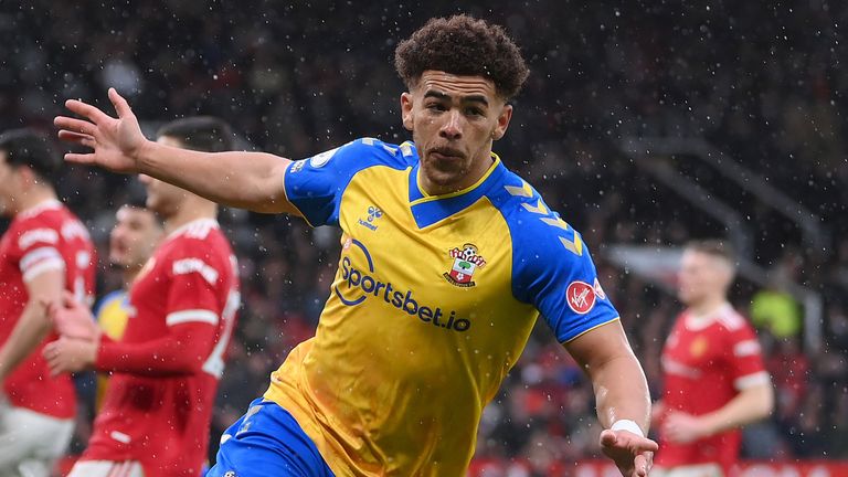 Che Adams wheels away after equalising for Southampton at Old Trafford