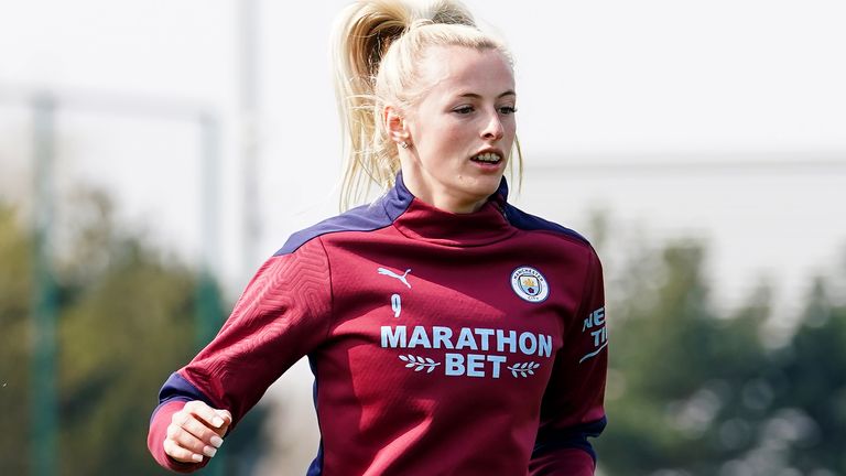 MANCHESTER, ENGLAND - APRIL 20: Chloe Kelly of Manchester City in action during a training session at Manchester City Football Academy on April 20, 2021 in Manchester, England. (Photo by Matt McNulty - Manchester City/Manchester City FC via Getty Images)