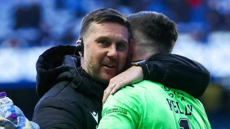 GLASGOW, SCOTLAND - FEBRUARY 27: Motherwell Assistant Chris Lucketti and Liam Kelly at Full Time  during a Cinch Premiership match between Rangers and Motherwell at Ibrox Stadium, on February 27, in Glasgow, Scotland.  (Photo by Craig Williamson / SNS Group)