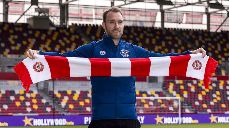 Brentford&#39;s new signing Christian Eriksen poses for a photo at the Brentford Community Stadium