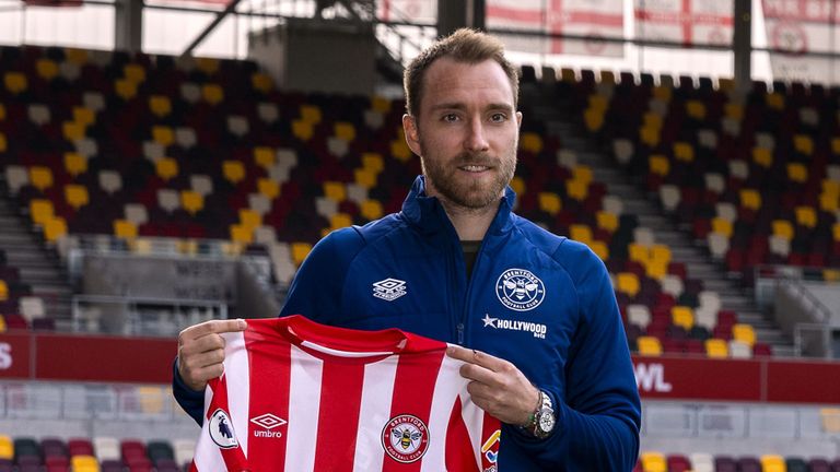 Brentford's new signing Christian Eriksen poses for a photo at the Brentford Community Stadium