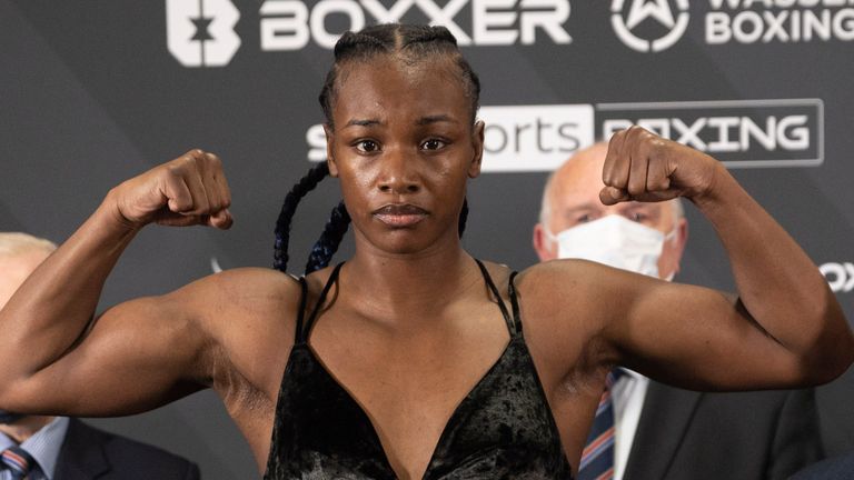 EUBANK JR-WILLIAMS  WEIGH IN 3-2-2022.PARK IN CARDIFF.WALES.PIC LAWRENCE LUSTIG.CLARESSA SHIELDS WEIGHS IN FOR HER CONTEST ON BEN SHALOM...S BOXXER PROMOTION AT THE MOTORPOINT ARENA,CARDIFF ON SATURDAY(5TH FEB) LIVE ON SKY SPORTS
