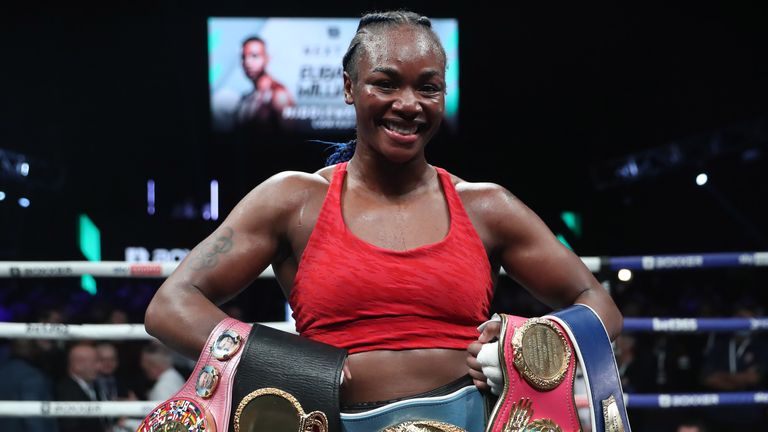 CHRIS EUBANK JR v LIAM WILLIAMS   5-2-2022.MOTORPOINT ARENA,.CARDIFF.WALES.PIC LAWRENCE LUSTIG.WBC/WBA/IBF/WBF FEMALE MIDDLEWEIGHT CHAMPIONSHIP OF THE WORLD.CLARESSA SHIELDS v EMA KOZIN