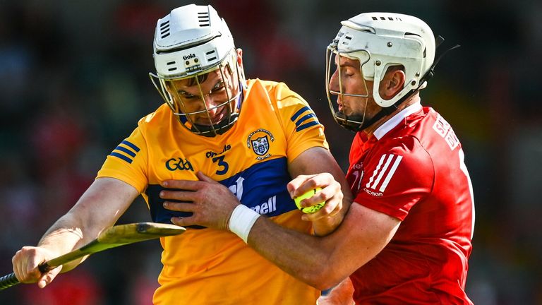 23 July 2021; Conor Cleary of Clare is tackled by Patrick Horgan of Cork during the GAA Hurling All-Ireland Senior Championship Round 2 match between Clare and Cork at LIT Gaelic Grounds in Limerick. Photo by E..in Noonan/Sportsfile