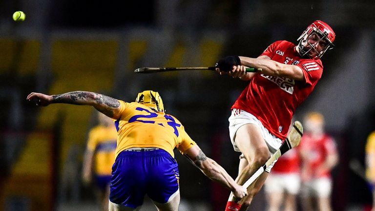 5 February 2022; Ciaran Joyce of Cork in action against Aaron Fitzgerald of Clare during the Allianz Hurling League Division 1 Group A match between Cork and Clare at P..irc Ui Chaoimh in Cork. Photo by Ben McShane/Sportsfile