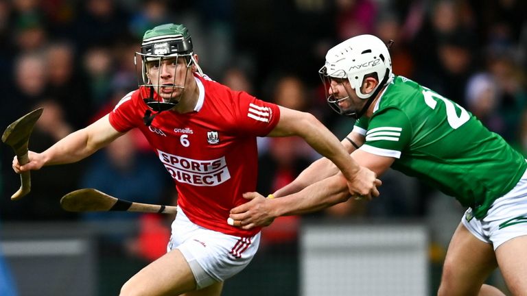 27 February 2022; Mark Coleman of Cork in action against Aaron Gillane of Limerick during the Allianz Hurling League Division 1 Group A match between Limerick and Cork at TUS Gaelic Grounds in Limerick. Photo by E..in Noonan/Sportsfile