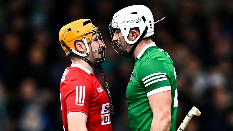 27 February 2022; Aaron Gillane of Limerick tussles with Niall O...Leary of Cork during the Allianz Hurling League Division 1 Group A match between Limerick and Cork at TUS Gaelic Grounds in Limerick. Photo by E..in Noonan/Sportsfile