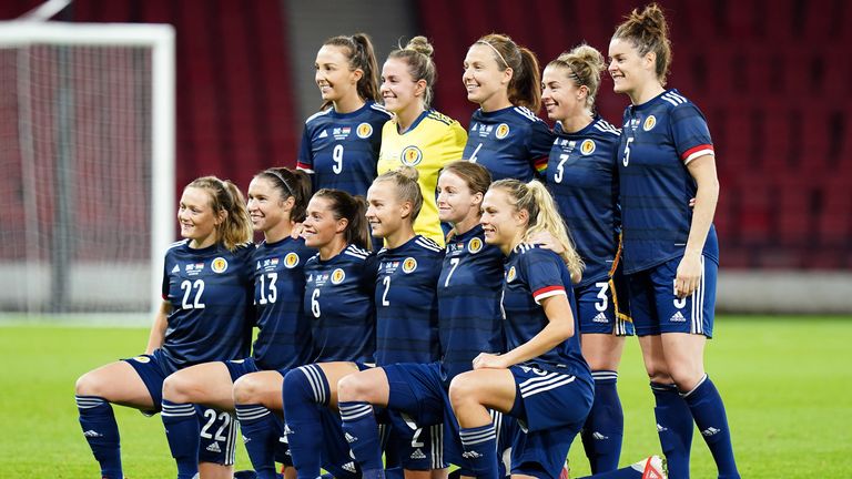 Scotland&#39;s Corsie (middle, back row) and Emslie (bottom right) before the World Cup qualifying match against Hungary 