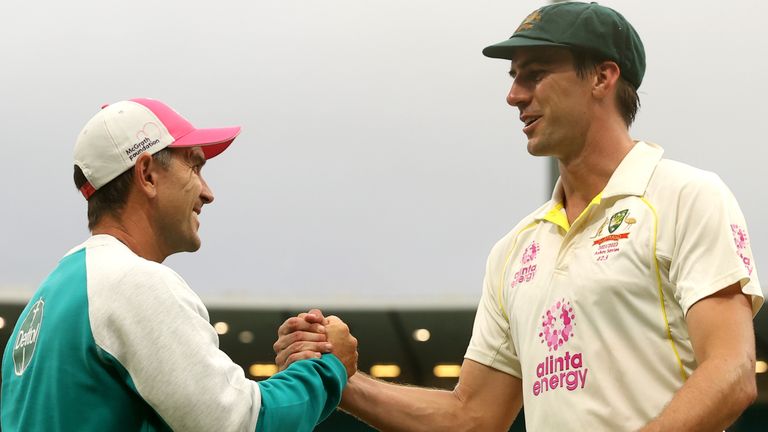Justin Langer and Pat Cummins after the fouth Ashes Test against England
