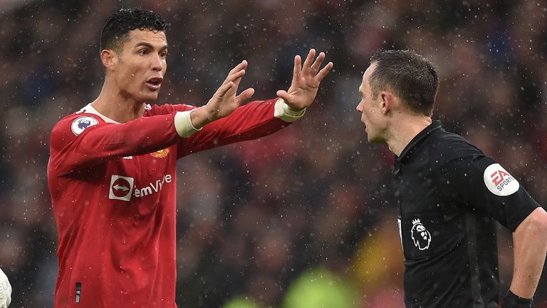 Cristiano Ronaldo pleads his case to referee Stuart Attwell