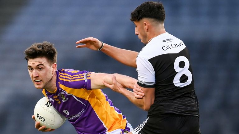 12 February 2022; Andrew McGowan of Kilmacud Crokes in action against Dylan Ward of Kilcoo during the AIB GAA Football All-Ireland Senior Club Championship Final match between Kilcoo, Down, and Kilmacud Crokes, Dublin, at Croke Park in Dublin. Photo by Stephen McCarthy/Sportsfile