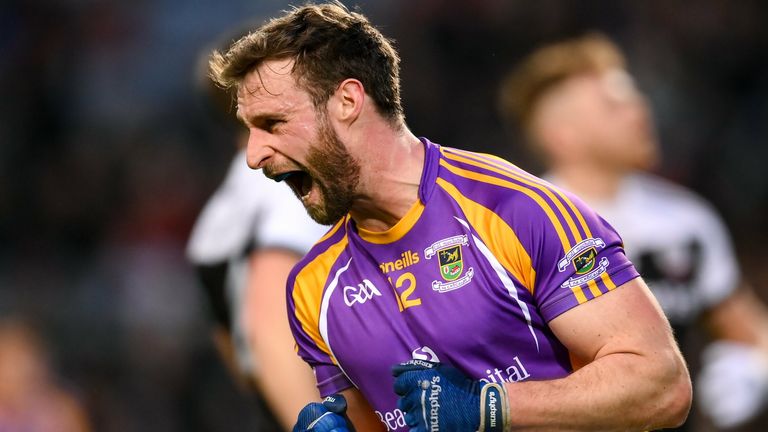 12 February 2022; Shane Horan of Kilmacud Crokes celebrates a score during the AIB GAA Football All-Ireland Senior Club Championship Final match between Kilcoo, Down, and Kilmacud Crokes, Dublin, at Croke Park in Dublin. Photo by Stephen McCarthy/Sportsfile