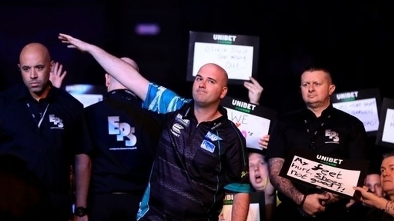 Rob Cross during his walk on during the Unibet Premier League Darts at Motorpoint Arena, Nottingham.