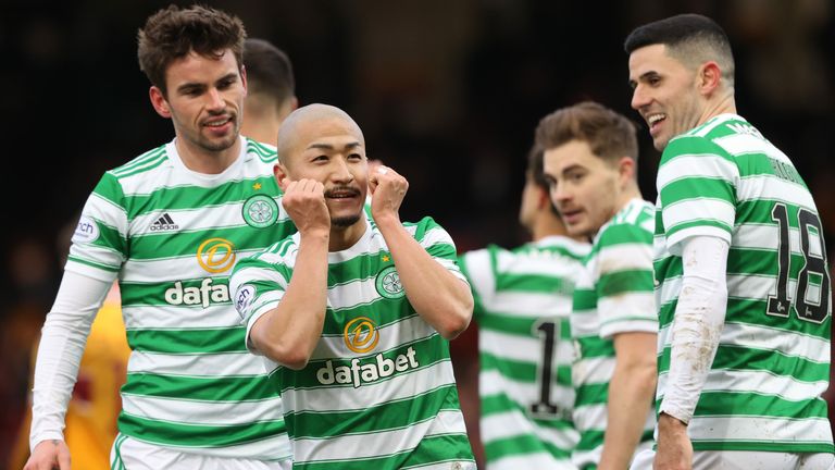 Daizen Maeda's celebrates as Celtic make it 4-0 