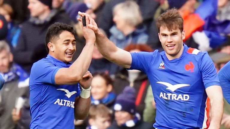 Damian Penaud celebrates scoring France's fifth try in the win over Scotland